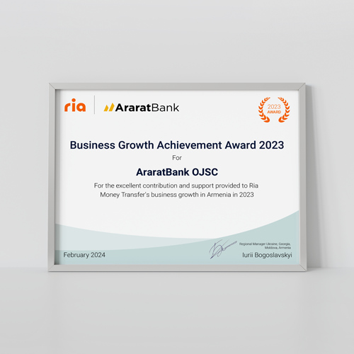 AraratBank Honored With Business Growth Achievement Award by Ria Money Transfer System