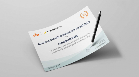 AraratBank Honored With Business Growth Achievement Award by Ria Money Transfer System