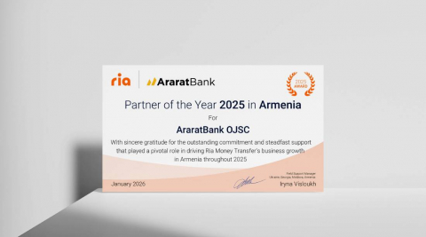 AraratBank Earns RIA Money Transfer&rsquo;s Partner of the Year in Armenia for the Seventh Consecutive Year
